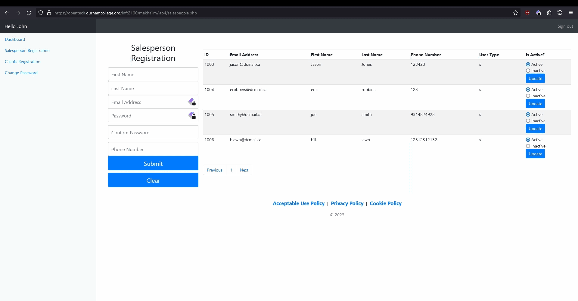 screenshot of sales management app